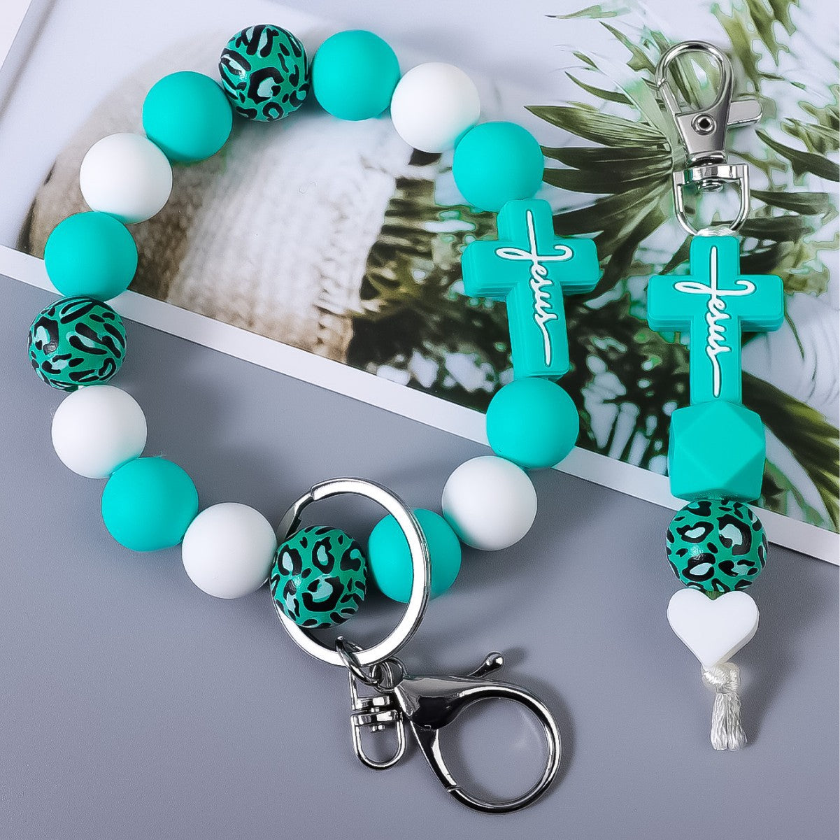 Wholesale Cross Silicone Leopard Print Wooden Bead Keychain